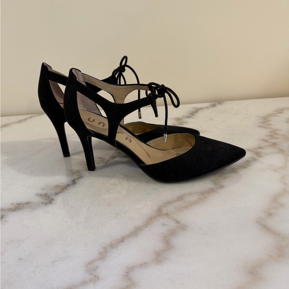 Unisa Black Suede Pointed Toe Lace-Up Heels